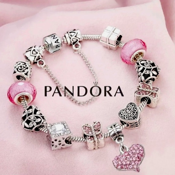 PANDORA S925 SNAKE CHAIN BRACELET WITH PINK LOVE HEART CHARMS - Picture 1 of 3